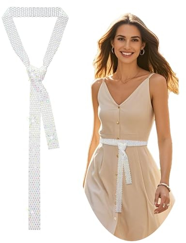 JK Home Echarpe Cristal Femme Foulard à Paillette #C White | Cravate Longue Cosplay Halloween Mariage Cocktail