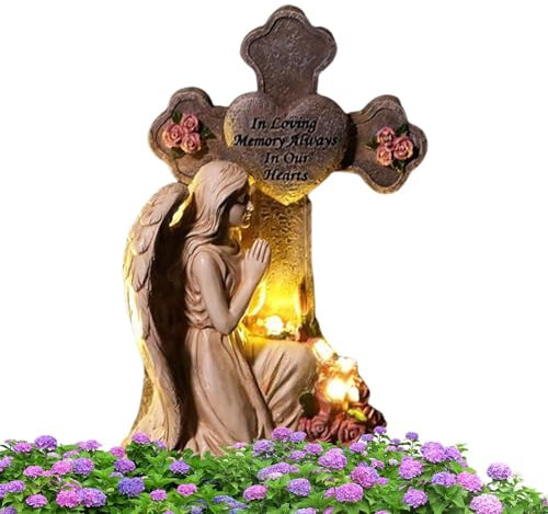 Lunaobrik Statua di angelo da giardino per esterni | Angelo ricordo con luce calda come decorazione per tomba, decorazione per tomba, monumento al cimitero, per giardino e terrazza