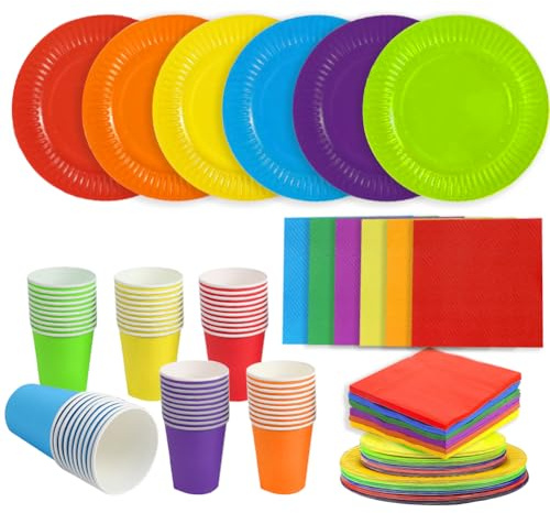 Set di stoviglie per feste di compleanno per bambini, 120 pezzi, con 30 piatti di carta da 23 cm, 30 piatti da 18 cm, 30 bicchieri di carta da 270 ml, 30 tovaglioli da 25 cm, piatti e bicchieri usa e