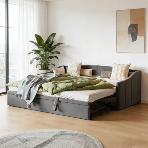 2-sits bäddsoffa 90/180 x 200 cm, soffa, vadderad säng med ribbotten, 2-i-1 säng ram, konvertibel, vadderad säng för lägenhet, vardagsrum