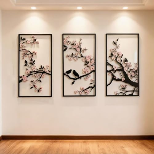 LLSZAHD 3 Piezas Cuadros Decoracion Salon Modernos Grandes, Negro Decoración De Pared De Metal Flores, Pájaros Y árboles, Arte De Pared Modernos para Salon Decoracion, 60x30cm