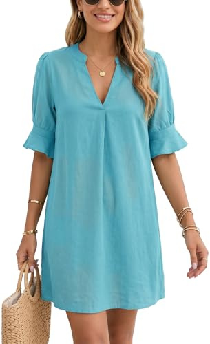 YUTILA Abito da Spiaggia da Donna, Corto, in Lino, con Scollo a V, Bikini Cover Up, Abito Estivo, da Spiaggia, Tunica, in Cotone e Lino, Leggero, Tinta Unita, Abbigliamento da Spiaggia, Blu marino, XL