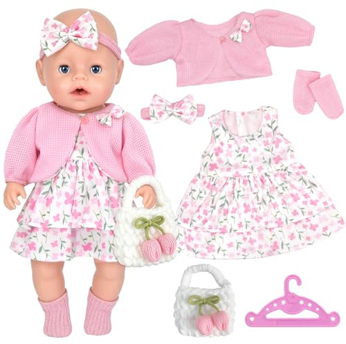 6 Pcs Baby Doll Clothes for 14-17 Inch Dolls, BabyDoll Dress for 35-45 cm Newborn Baby Dolls Clothes and Accessories with Sweet Floral Print Tulle Dress Jacket Headband Socks Hanger Bag Gifts Kids