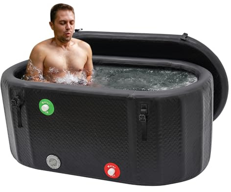 Uppblåsbar pool för vuxna 370L, balkongpool uppblåsbar med lock, uppblåsbart badkar för vuxna, hopfällbart badkar för dusch, isbadkar för återhämtning, inomhus & utomhus (132*70*62 cm)