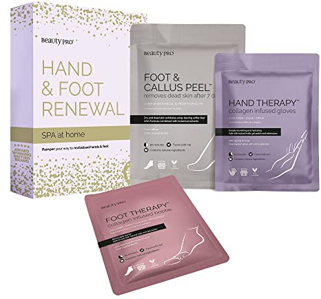 BEAUTYPRO HAND & FOOT RENEWAL SPA Home Beauty Gift Pamper Set 3-in-1 Exfoliating Sock Foot Peel Mask & Hand Mask Gloves Deeply Hydrate & Nourish Natural Vegan Skincare Multi Award Winning Brand 3 Pack
