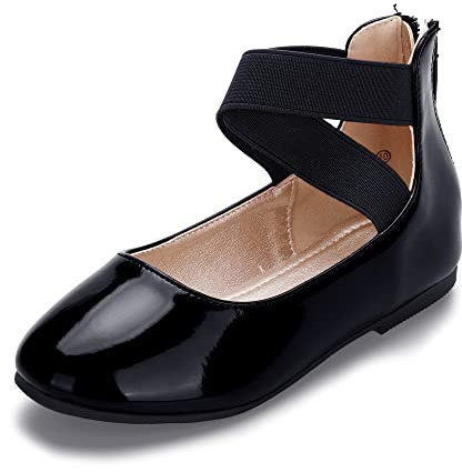 Hehainom Girls Dress Shoes Toddler Little Kids Gracy Ballet Mary Jane Ballerina Flats with Elastic Ankle Strap (Black Patent, 1 M US Little Kid)