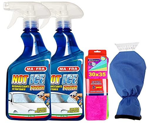 Ma-Fra Set 2 Confezioni Not Ice Power, Deghiacciante Liquido ad Effetto Immediato, Formato 500ml Insieme Guanto Felpato con RASCHIA Ghiaccio 35CM più 5 Panni Microfibra 30x35cm
