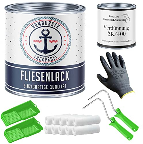 Fliesenlack MATT Elfenbein RAL 1014 Beige Fliesenfarbe für Bodenfliesen & Wandfliesen mit Lackier-SET (X300) und Verdünnung // Hamburger Lack-Profi (1 L)