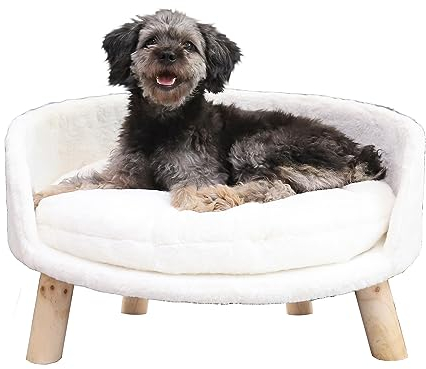 BingoPaw Hundesofa Hundecouch für kleine Hunde, erhöhtes Haustiersofa Hundebett mit Plüsch Hundekissen, katzensofa große Katzen, 61.5×32.8cm weiß