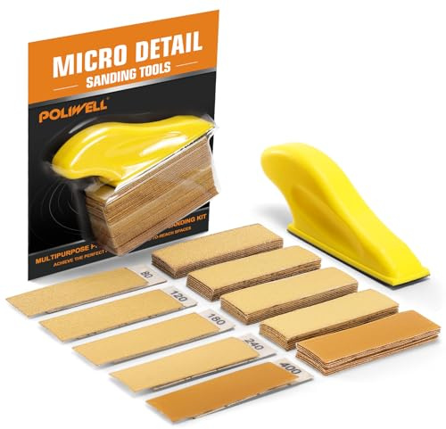 POLIWELL Micro Sander Kit 3.5” x 1” Mini Sander for Small Projects, Detail Handle Sanding Tools + Sandpaper 80 120 180 240 400 Grit for DIY Crafts Wood Finishing Tight Narrow Spaces Polishing, 50 PCS
