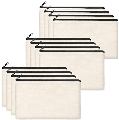 12 Pezzi Astuccio in Tela Bianco Con Cerniera, Astuccio per Matite Vuoto Fai Da Te, Pochette in Cotone Piccola per Viaggi Ufficio e Scuola