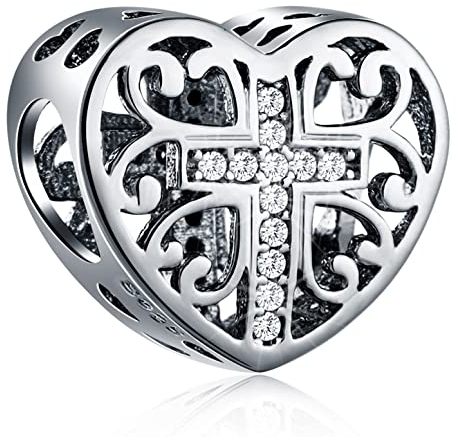 Sparkling Cross in Heart Charms fit Pandora Christian Easter Bracelet, 925 Sterling Silver Religious Faith Hope Love Charms Openwork Prayer Beads, Gifts for First Mothers Day/Birthday/Nana