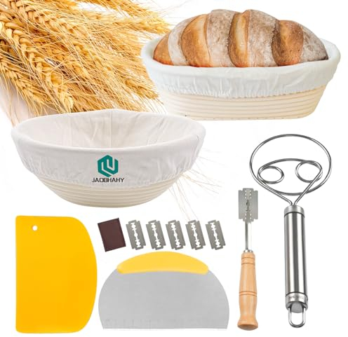 Juego de 2 Banetones para Pan,Banneton 25cm Ovalada + 23cm Redondo con Forro de Lino + Rascador de Metal + Rascador de Plástico + Batidor de Masa + Cuchillo de panadero