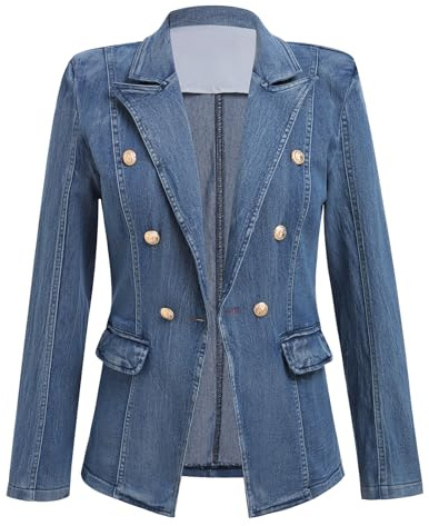 Denim Blazer Suit for Women Notch Collar One Button Office Lady Business Work Outfits Lapel Double Breasted Jean Jacket Fall Winter Slim Fit Flap Pocket Denim Jacket Deep Blue M