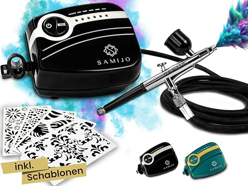 SAMIJO Airbrush Set mit Kompressor, leise, kompakt, vielseitig, Airbrush-Set für Einsteiger, inkl. [DIY SCHABLONEN] Dein Komplettset für Modellbau, Haut, Nails und vieles mehr, schwarz