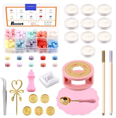 Rustark Kit de sellos de cera de 10 colores, 224 piezas, incluye sellos, calentador de cera, accesorios y sobres vintage para sellar cartas y decoración