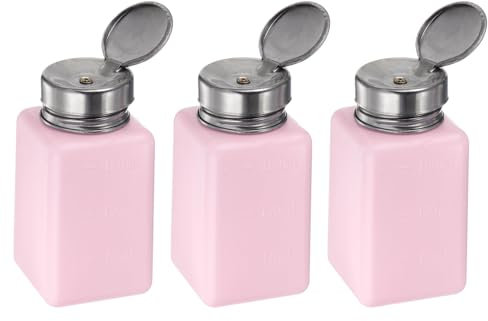 sourcing map 3pcs Solvent Alcohol Dispensers 180ml(6oz) Push Down Liquid Dispenser Pump Bottle with Sealing Stainless Steel Lid for Acetone Solution, Pink