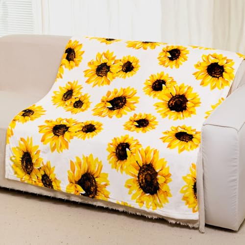 YISUMEI Sunflower Blanket for Sofa Couch Bed Decor,150x200 cm Soft Warm Throw Blanket Sunflowers Gifts for Women Girls,White