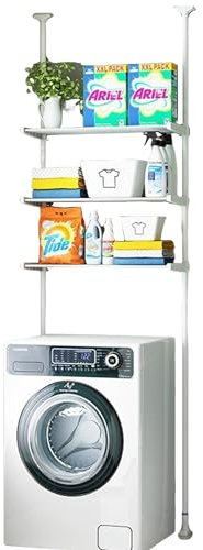 UUE Waschmaschinenregal, WC Regal über Waschmaschine Toilette, Waschmaschinenschrank ohne Bohren 3 Ebenen, Kohlenstoffstahl Waschmaschinen Regal, Platzsparender Badezimmerträger, 62x26x260 cm, Weiß