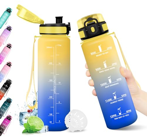 Borraccia 500ml, Borraccia con Filtro, Bottiglia Acqua Riutilizzabile, Bottiglia con Marcatori Temporali, Borraccia senza BPA, A Prova di Perdite, Borraccia per Bambini, Scuola, Ufficio, Sport