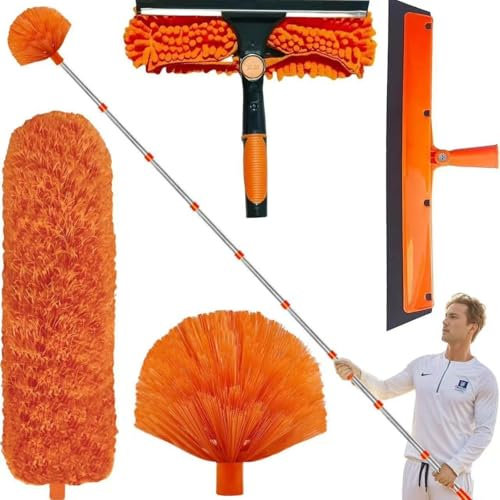 Kit de eliminación de polvo de alta alcance, 6 m, con plumero de microfibra de tela de araña, palo telescópico de 1,5 a 4,9 m para ventilador de techo, techo, ventanas, paredes, pantalla