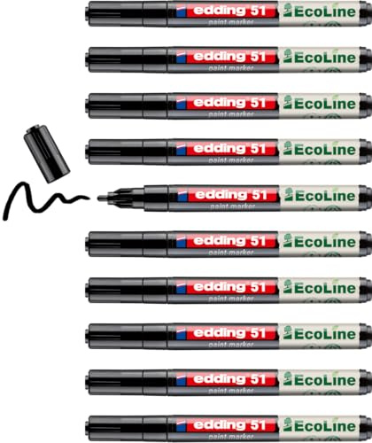 edding 51 EcoLine paint marker – black – pack of 10 – round nib 1-2 mm – water-based ink, highly opaque & waterproof – pen for glass, stone, wood, plastic and paper
