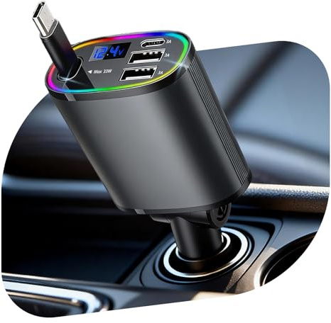 4-i-1 cigarettändare USB C-billaddare, 24/12 V USB-adapter för bil, infällbar billaddare USB C, 78 W billaddare, snabbladdare för mobiltelefoner i bilen, biltillbehör kompatibel iOS/Android (Grå)