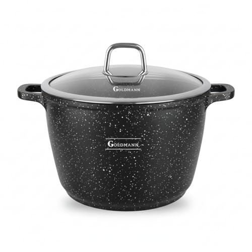 GOLDMANN 20 cm Cast Aluminium Saucepan / Soup Pot (4L) with Silicone Handles, Marble Ceramic Non-Stick Coating and Glass Lid