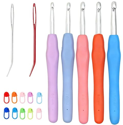 Aihoom 17 pcs Crochet et Tricot Outils, Crochets Ergonomiques avec Aiguilles et Marqueurs de Maille, Accessoires pour Crocheter et Tricoter, Tailles 6,5 mm, 7 mm, 8 mm, 9 mm, 10 mm