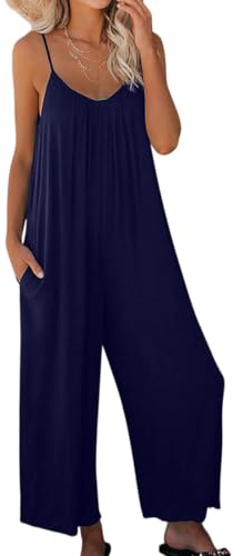 Cozyan Combinaison Femme Été Sans Manches Casual Jumpsuit Chic et Élégant Bretelles Spaghetti longue femme Col V Combinaison à jambes larges poches Style bohème Sans manches