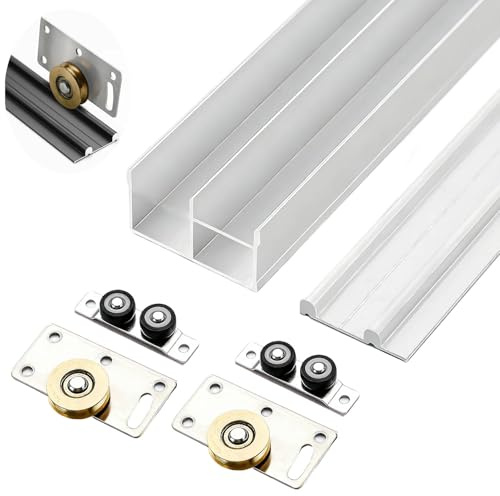Skjutdörrsskena Skjutdörr med Dubbelskena för 2 Dörrar, Beslagset och Rullar för Skåpsfickor, Dörrstyrning I Aluminiumlåda för Kök(White,120cm/47.2in)