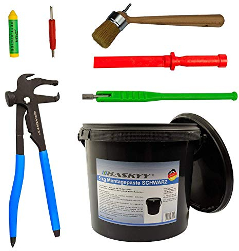 3kg Reifenmontagepaste Montagewax Schwarz Set inkl. Ventildreher, Ventileinzieher, Profi Auswuchtzange für Klebe- und Schlaggewichte, Fettkreide, Montagepinsel & Schaber
