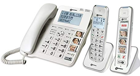 Geemarc Seniorpaket - förstärkt fast telefon och extra telefoner med telefonsvarare och breda, anpassningsbara fototangenter för seniorer - låg eller medelstor hörselförlust - SV-version