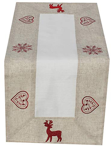 Tischläufer - Hirsch - beige und weiß rot bestickt sehr schöne festliche Stickerei für Winter Weihnacht Tischdecke, Größe:40 x 90 cm