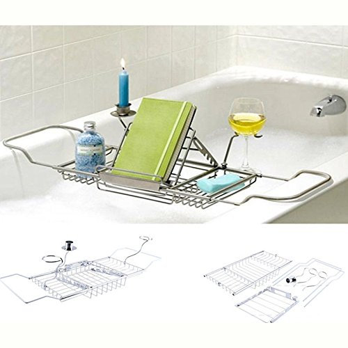 EBTOOLS Pont de Baignoire en Métal Plateau de Baignoire Extensible Support de Baignoire Rangement pour Savons Verre Livre Bougie Parfumée Tablette