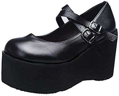 Ulalaza kvinnor Mary Jane klänning pumps Lolita-skor söt plattform gotisk dubbel ankelrem rund tå tjock klack uniform pumps skor perfekta för skolfest affärer arbete dans dejt nattklubb, S1-bd, 36 EU
