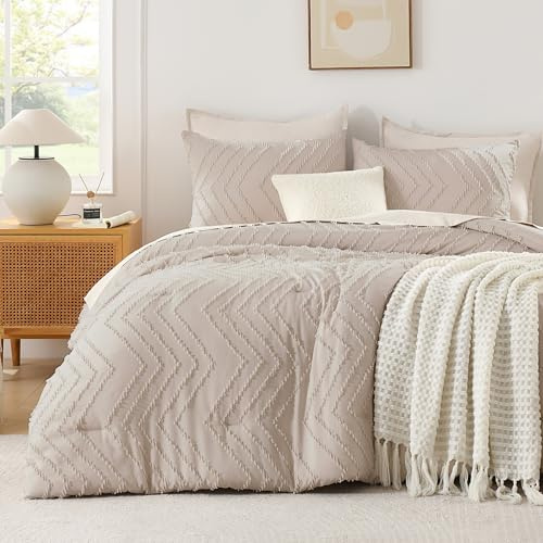 Andency Linen Comforter Set Queen Size, Boho Soft Warm Tufted Bedding Comforter Sets for Queen Size Bed, 3 Pieces Aesthetic Chevron Farmhouse Cute Bohemian Textured Bed Set