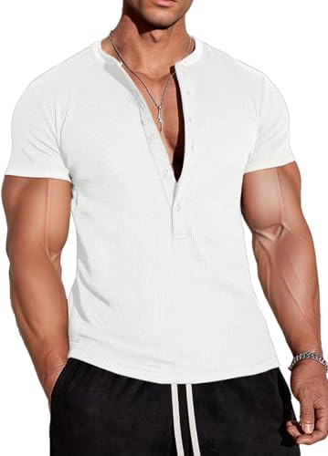 Muscle Cmdr Camisas Henley Waffle para Hombre,Camiseta Ajustada Manga Corta Ropa Interior Térmica 5 Botones Blanco XL