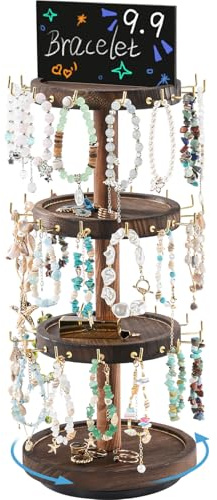 Lolalet 4 Tier Bracelet Holder, Wooden Rotating Bangle Display Stand with 42 Hooks and Tray Base, 360 Degrees Rotatable Rustic Tree Storage for Bracelets Key Chains Gift for Mom -Darkbrown