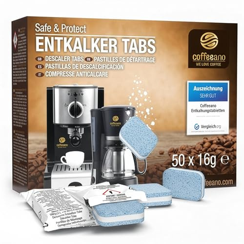 50 compresse decalcificanti 2 in 1 per macchine da caffè e macchine da caffè. 2 in 1 per Siemens, serie EQ, Jura, Delonghi, Krups, Bosch, Miele, WMF ecc. di Coffeeano.