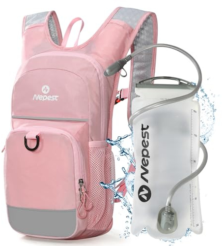 Nepest Sac à dos d'hydratation pour enfant, poche à eau de 1,5 l, bouteille d'eau respirante, avec bandes réfléchissantes et sangles réglables