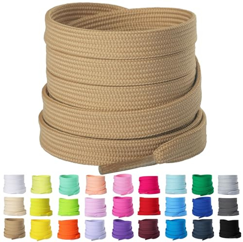 Olukssck 2 Pares Cordones de Zapatillas de Deporte, Cordones Planos de 8 mm de Ancho para Zapatillas, Cordones para Niños y Adultos, Marrón Claro, 120cm