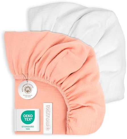 Mimuselina Sabanas Cuna 70x140 Algodon | Pack de 2 Bajeras 100% Algodón Muselina Suave y Transpirable | Hechas en España | Rosa - Blanca
