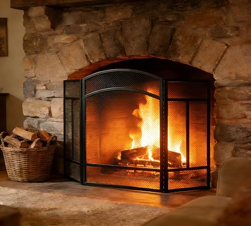 Kingson Arched 3-Panel Fireplace Spark Guard Screen – Black Steel Mesh Fire Screen with Piano Hinges – Child-Safe Folding Fire Guard – 96.5 x 61 cm
