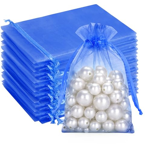 G2PLUS Blue Organza Gift Pouches 10x15 cm: Medium Favor Bags, 50 PCS | Wedding Jewelry Bags, Clear Mesh Pouches Perfect for Wedding, Christmas, Birthday, Anniversary