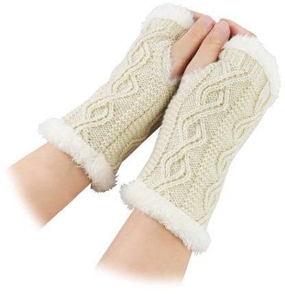 Feelorna Gants sans doigts en tricot pour femme, gants d'hiver en peluche, moufles poignets, gants de bras plus chauds avec trou pour le pouce, beige, taille unique