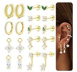 Dochais 9 Pairs Boucles d'oreille Flat Back Femme, Acier Chirurgical Hypoallergénique, Lot Boucles d'oreille Clous et Créoles Argent Or pour Cartilage Daith Tragus Helix Piercing Bijoux