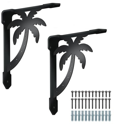 SUPERDANT 2PCS Palm Tree Shelves Brackets Heavy Duty Decorative Shelf Bracket Black Iron Wall Shelf Brackets with Screws for Kitchen Bookshelf Fireplace Mantel Corbels Corner Brace Gifts