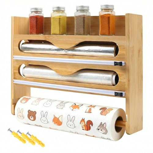 Gemsaya Distributeur de film étirable et de film étirable avec porte-rouleau de cuisine, distributeur de papier d'aluminium 4 en 1 avec cutter, support mural en bambou compatible avec les rouleaux de