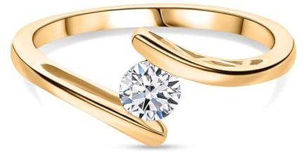 TJC Moissanite Bypass Ring in 18K Yellow Gold Plated Sterling Silver - 5mm Round Brilliant Cut Solitaire Minimalist Ring - Modern Engagement Promise Ring - Size Q